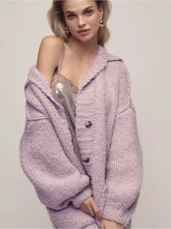 Anthropologie Sweaters - Anthropologie Slouchy Cozy Cardigan Sweater Purple Lilac Collar Chunky XXS/XS
